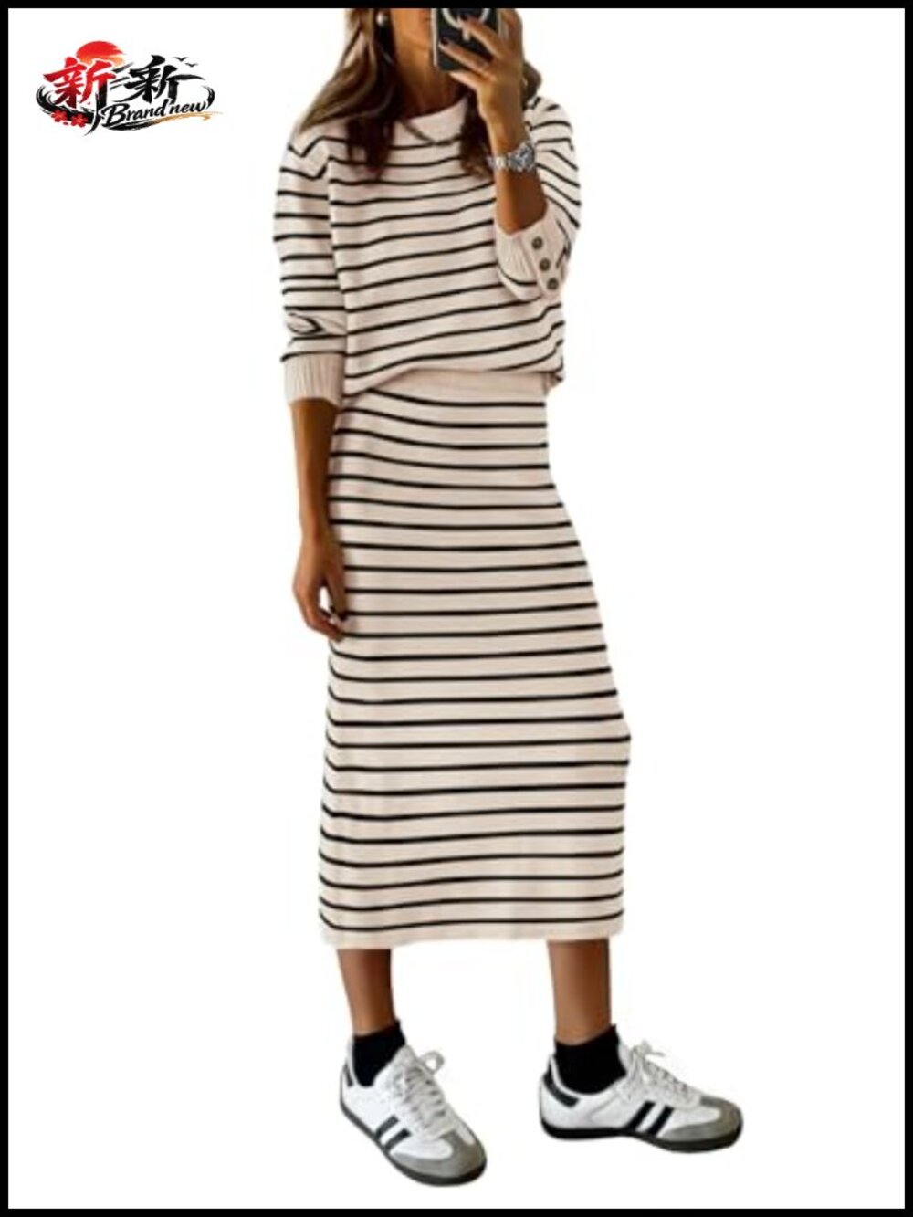 Women Knit 2 Piece Sweater Skirt Set Long Sleeve Midi Pencil Bodycon Back Slit